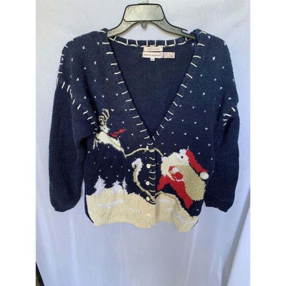 Women's L Lauren Hansen Vintage Knitted By Hand Christmas Santa Reindeer Sweater